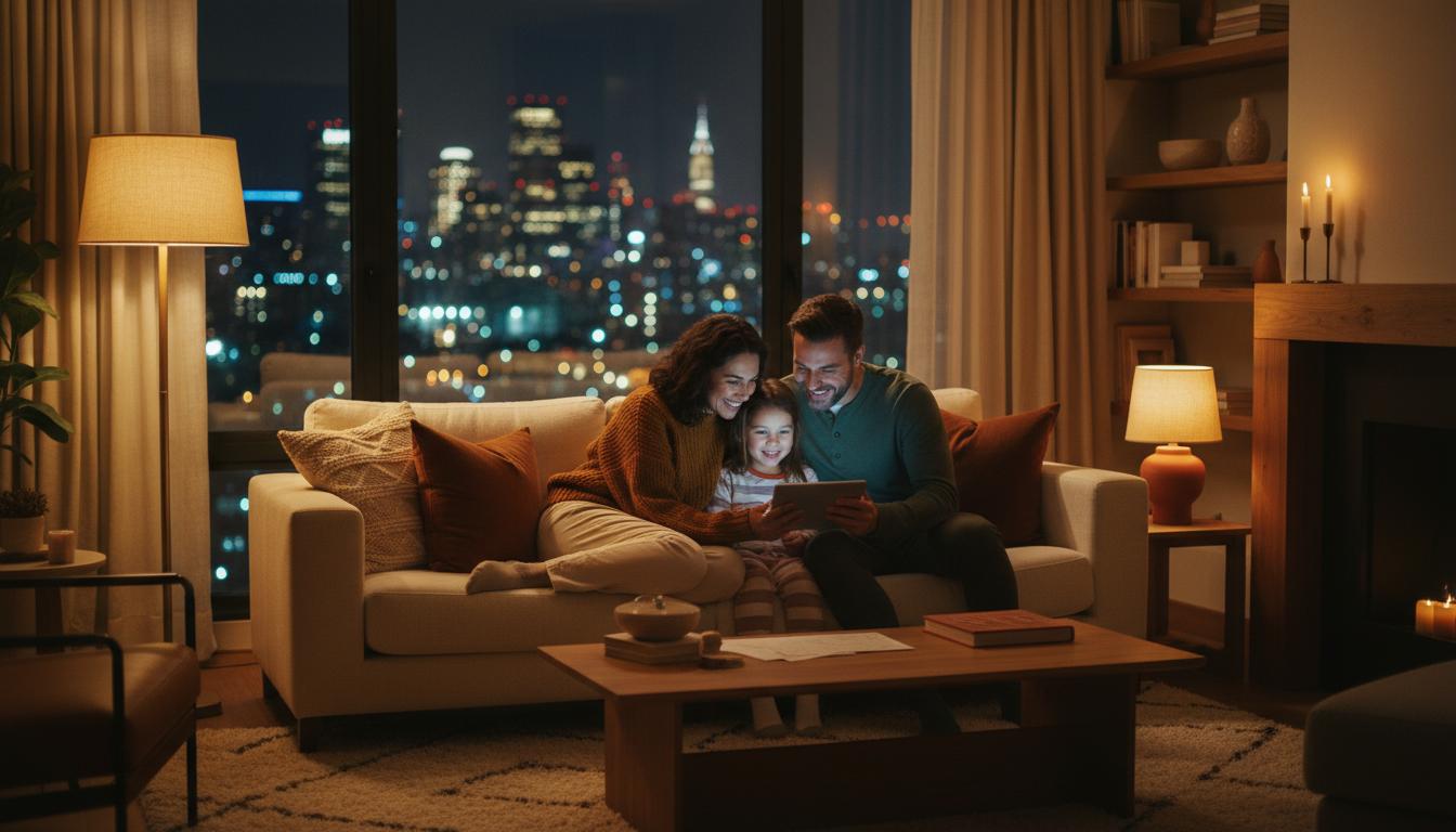 Familia en el sofa por la noche